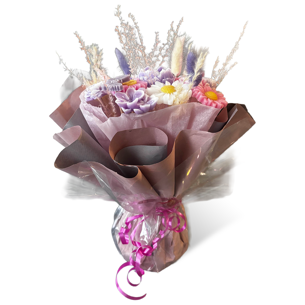 Bouquet bulle pastel lilas et rose – fleurs en cire parfumée, idée cadeau personnalisable couleur et parfum