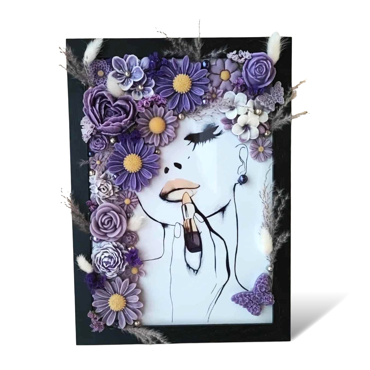 Cadre portrait fleuri fait main, mix de marguerites et roses en cire parfumée – option personnalisation couleur et parfum