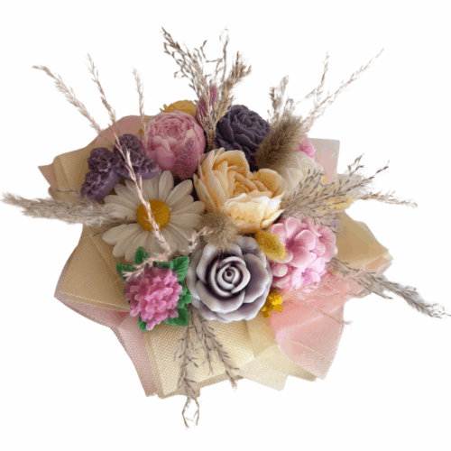 Petit centre de table en fleurs de cire parfumées – Parfums et couleurs au choix